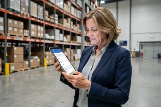 Responsable logistique consultant un extranet de gestion des invendus et fins de séries sur tablette dans un entrepôt moderne