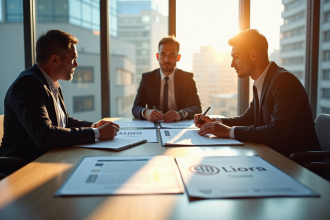 Réunion d'affaires avec professionnels analysant des documents ISO