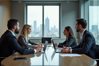 Réunion professionnelle entre consultants et dirigeant d'entreprise autour d'une table de conférence moderne dans un bureau contemporain