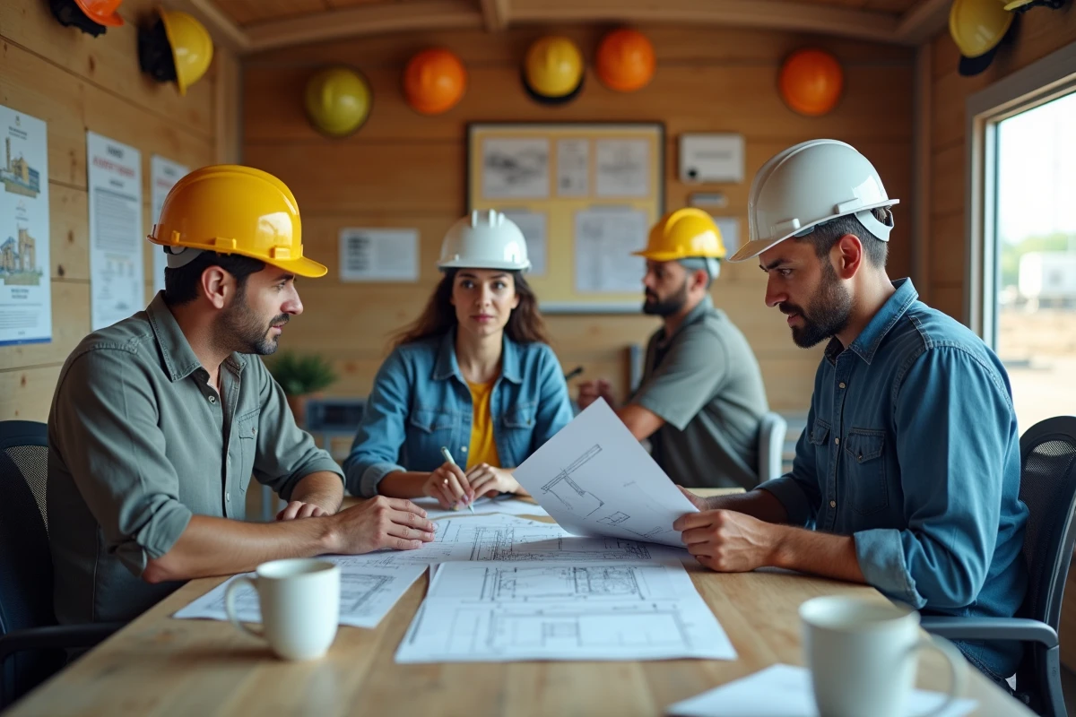 R&eacute;union de professionnels du BTP autour de plans architecturaux dans un bureau de chantier, &eacute;changeant leurs retours d'exp&eacute;rience