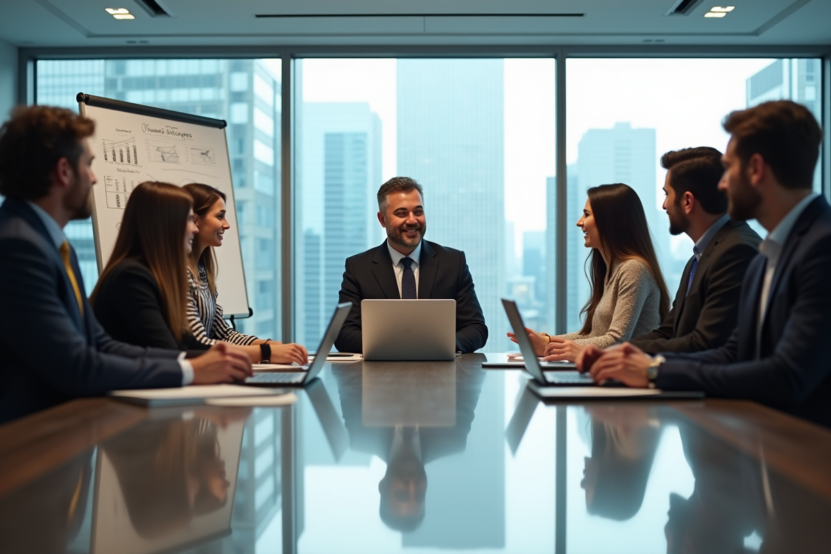 Equipe diverse en réunion dans un bureau lumineux