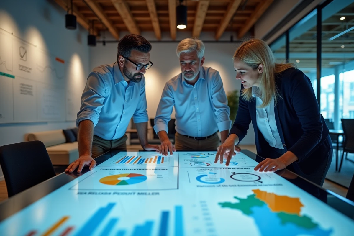 Équipe de professionnels en réunion autour d'un tableau de bord interactif présentant des données économiques territoriales