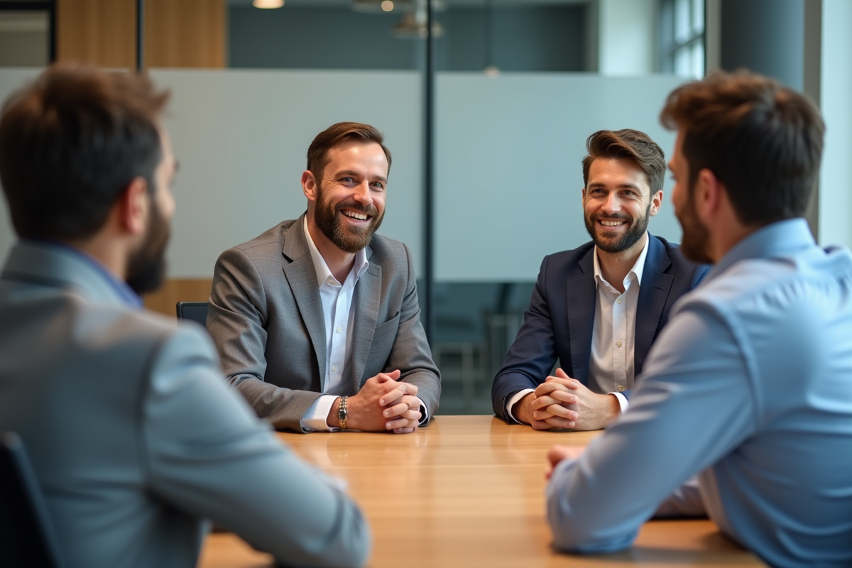 Groupe de professionnels en réunion dans une salle moderne