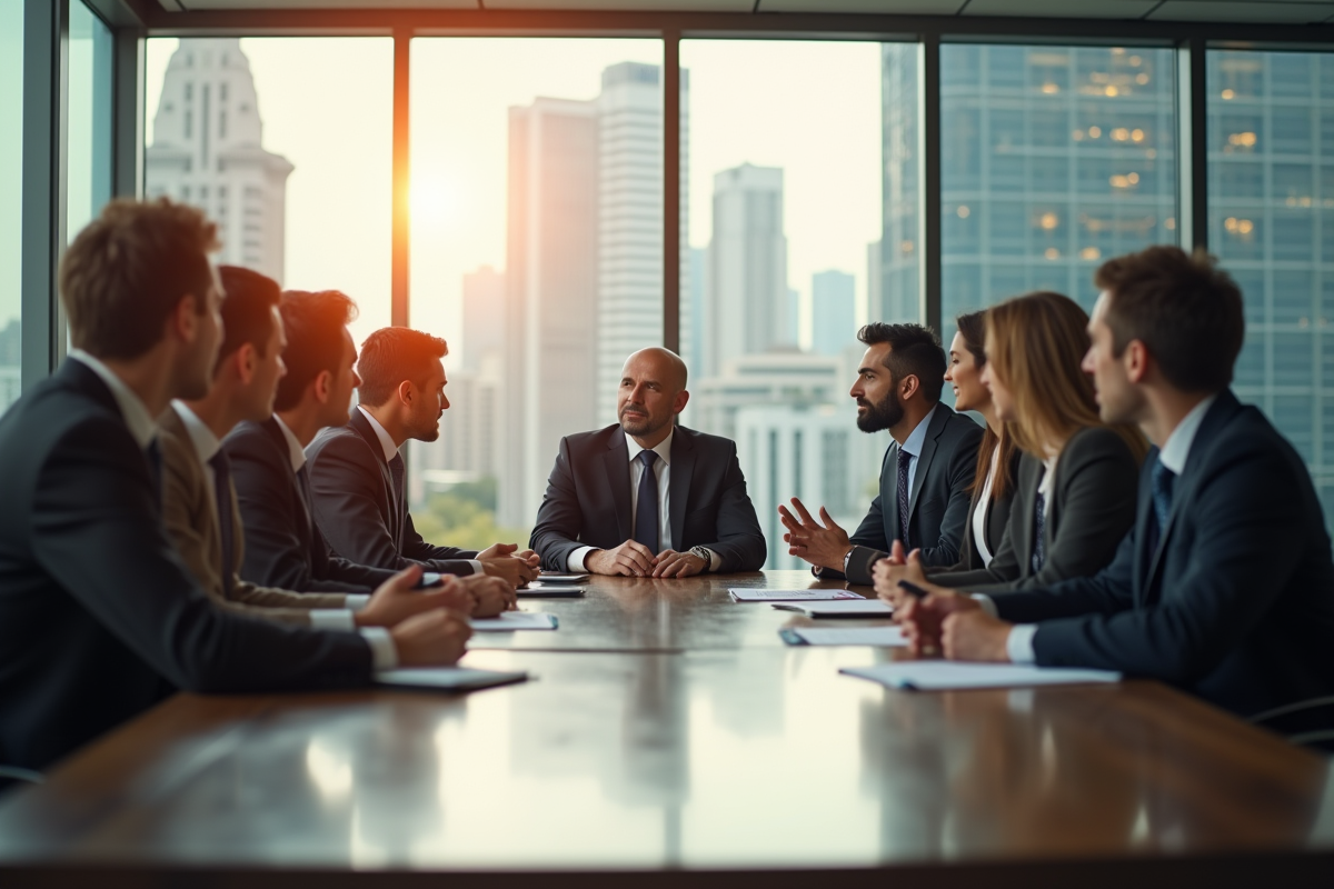 Groupe de professionnels en réunion dans une salle moderne