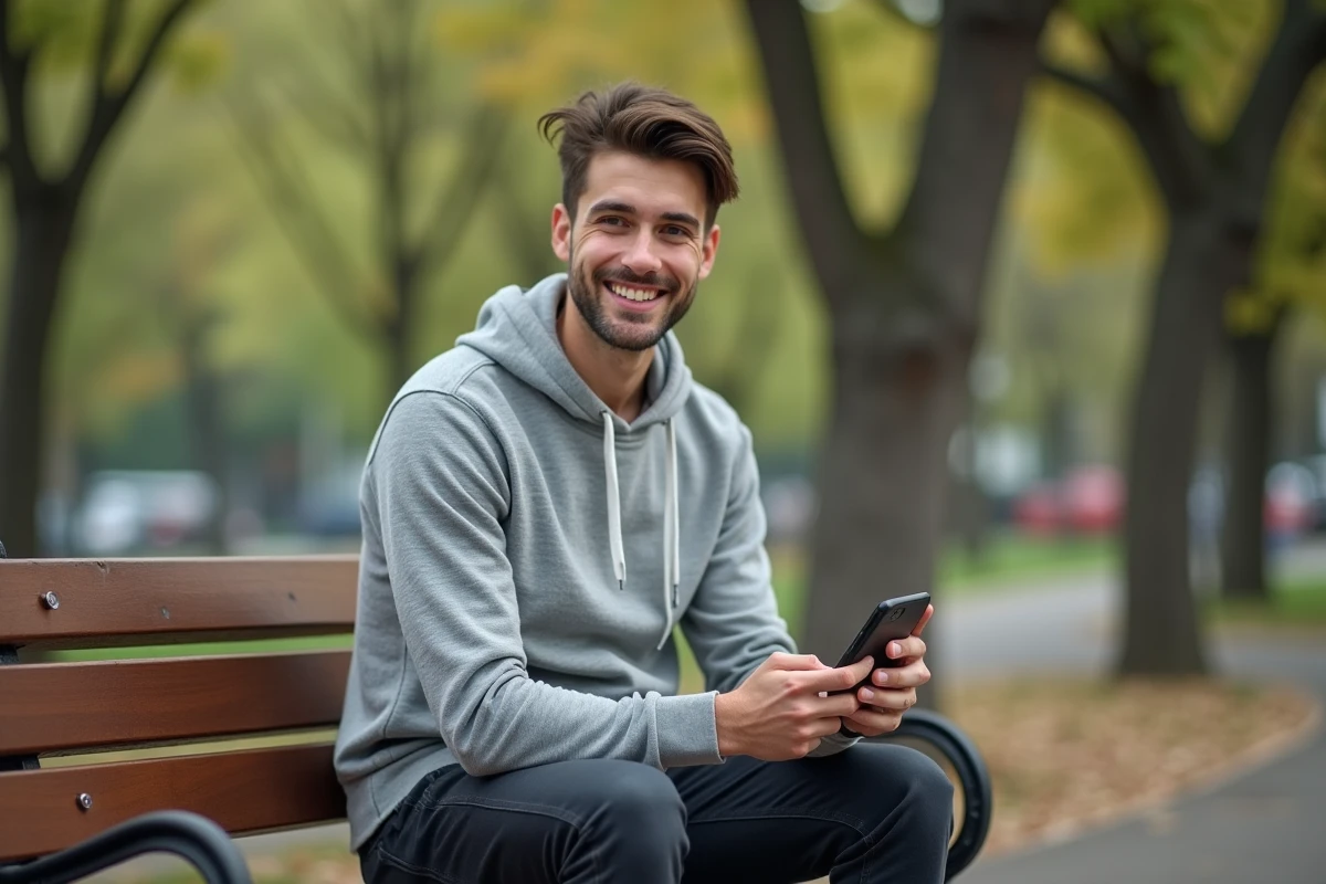 Jeune salarié consultant ses e-billets CSE sur smartphone dans un parc urbain pour ses sorties loisirs