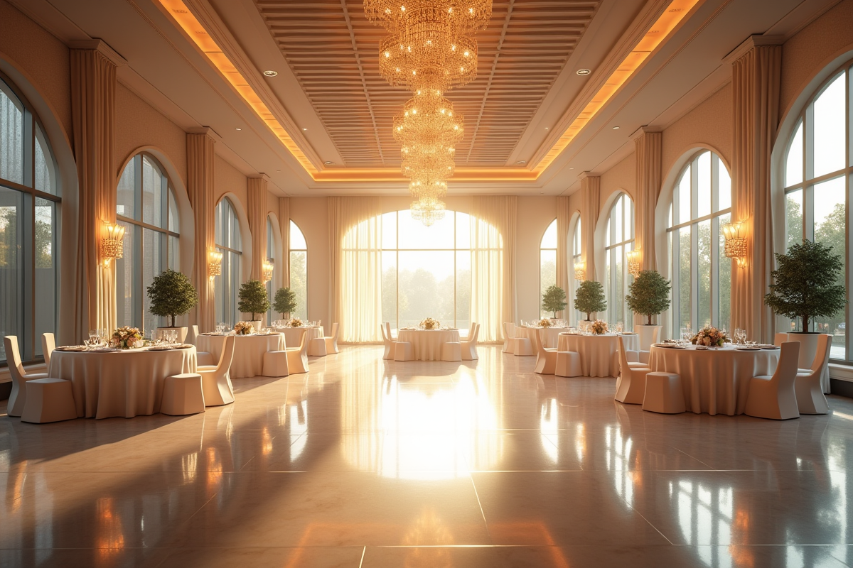 Salle de réception lumineuse et élégante avec grandes fenêtres
