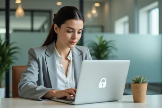 Femme professionnelle sécurisant son compte RH sur un ordinateur portable dans un bureau moderne