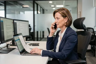 Professionnelle en entreprise contactant le service client France Télécom Orange Pro depuis son bureau