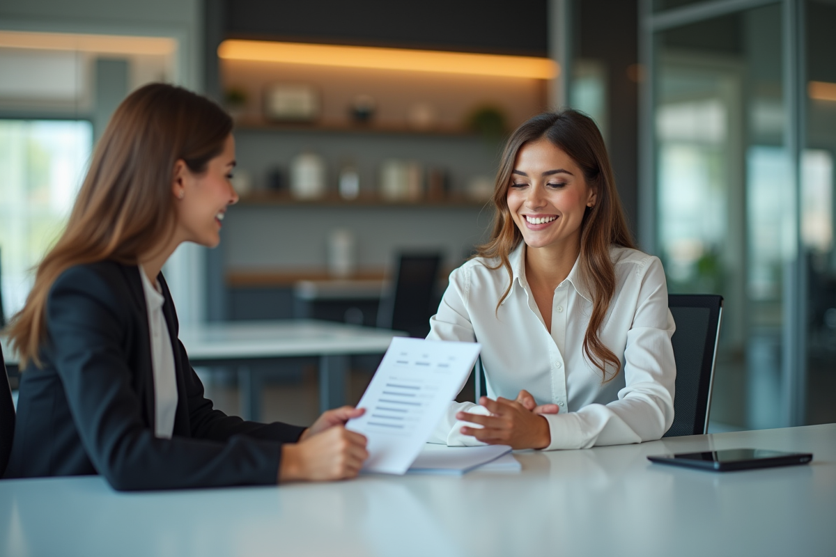 Client satisfait recevant un formulaire de feedback dans un bureau lumineux