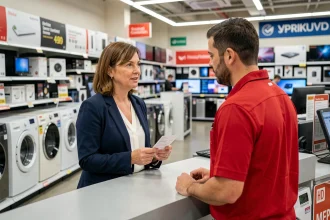 Une cliente discute de ses droits avec un conseiller au service consommateur Darty en magasin