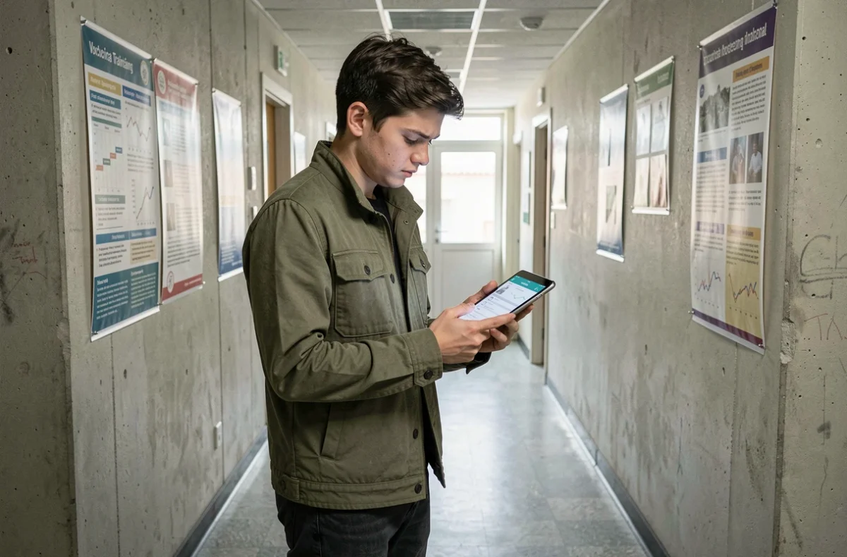 Jeune stagiaire MFR consultant une check-list sur tablette dans un couloir avant d'appeler le support