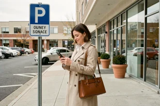 Femme consultant son téléphone devant un panneau de stationnement à proximité d'un service téléphonique en ville