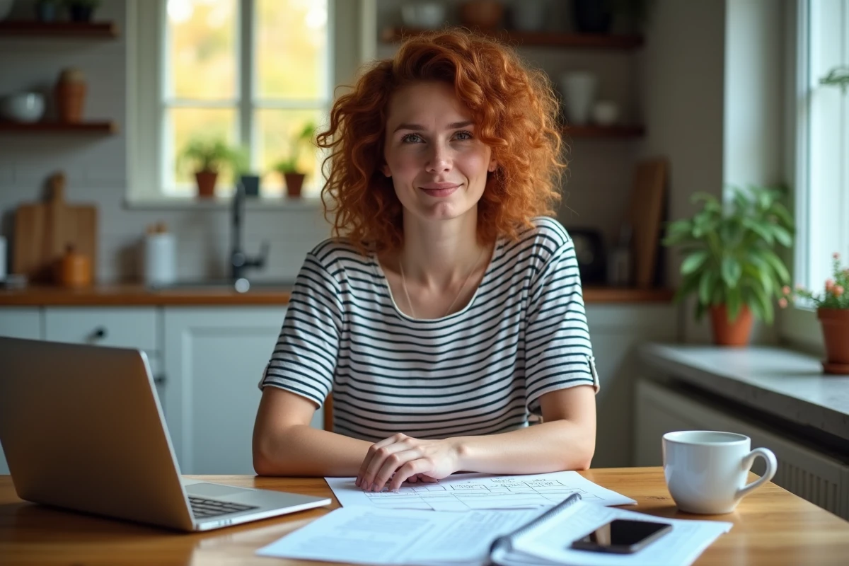 Jeune femme travaillant depuis chez elle et enregistrant ses heures de travail dans un carnet pour éviter les abus de son employeur