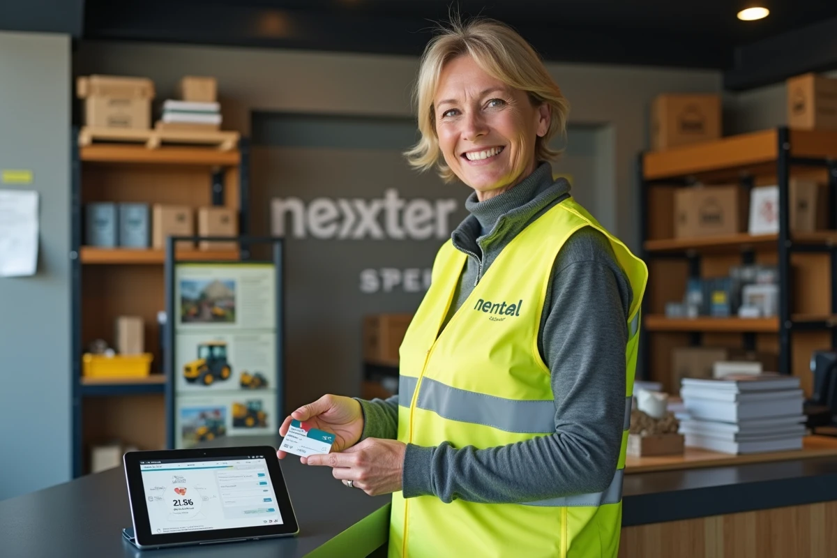 Femme en gilet haute visibilité consultant son solde de points sur une tablette au comptoir d'une agence Loxam