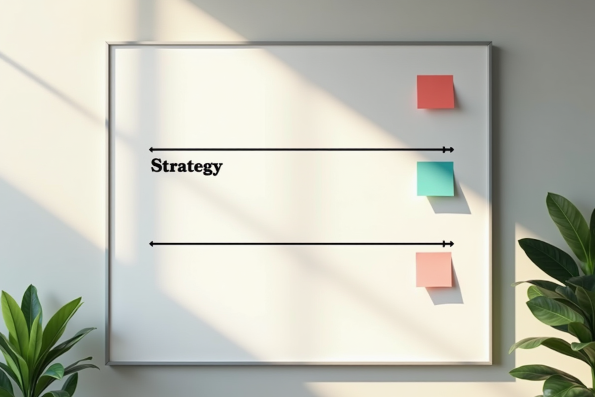 Tableau blanc minimaliste avec notes colorées et flèches pour la stratégie