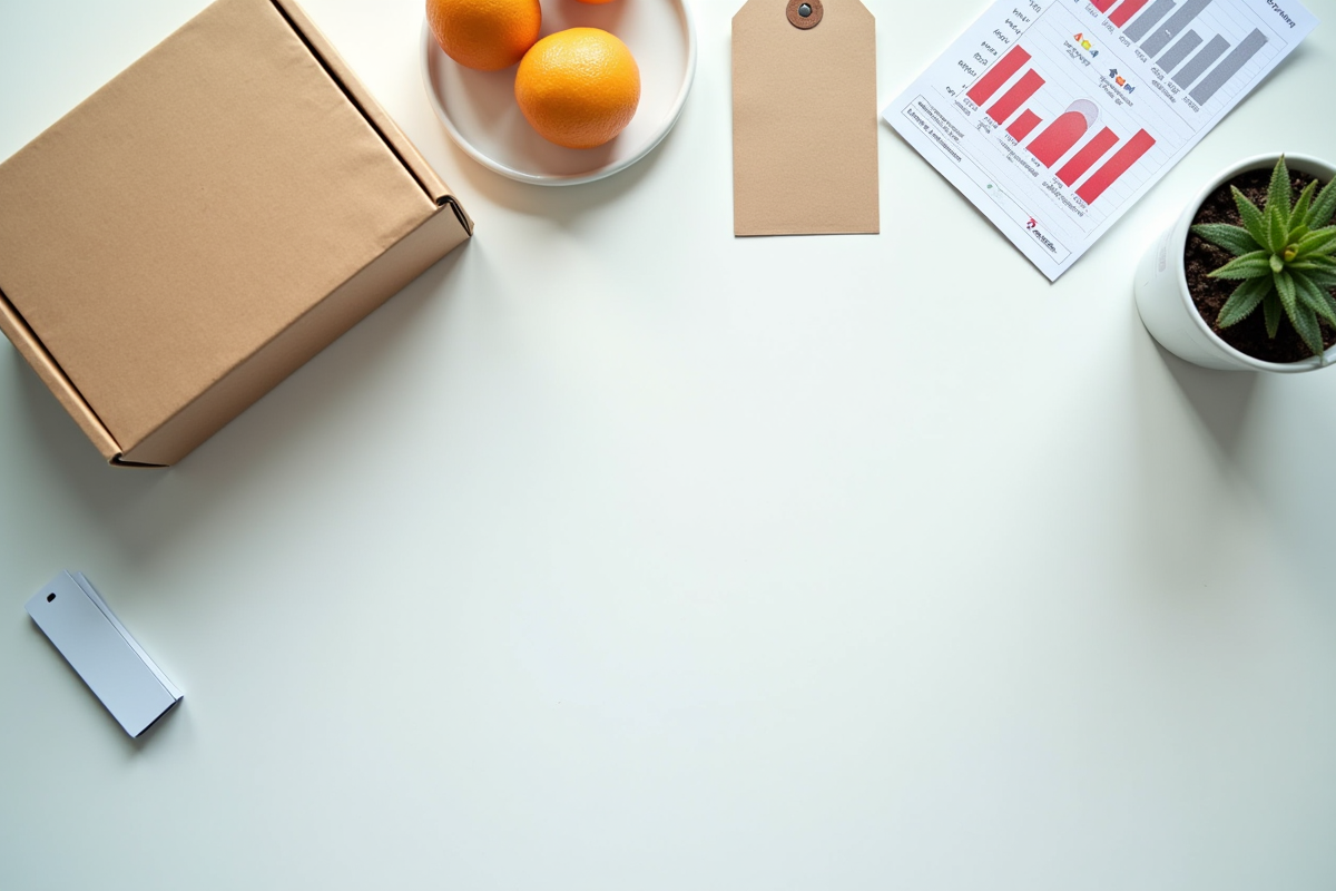 Surface de bureau avec objets symbolisant les 5Ps du marketing