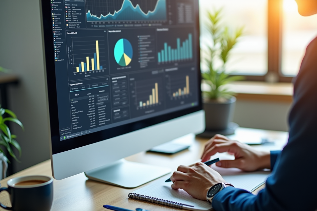 Écran affichant un tableau de bord SEO avec graphiques et analyses