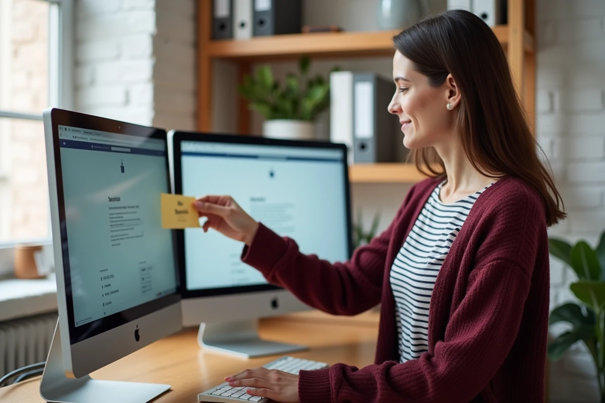 Employée en télétravail se connectant à la Box RH La Poste depuis son bureau à domicile avec des raccourcis de connexion affichés sur le moniteur