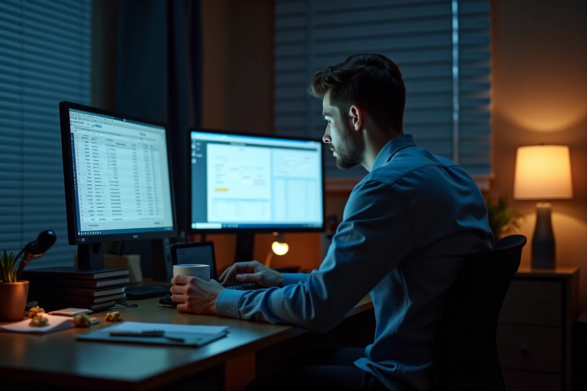 Jeune homme travaillant seul de nuit depuis son bureau à domicile, entouré de documents de paie et d'un café, illustrant le travail nocturne et son impact salarial