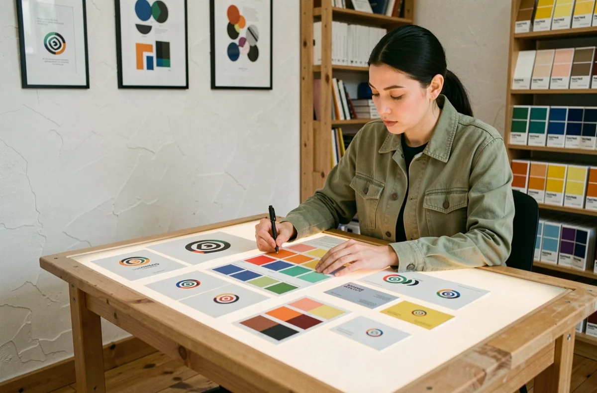 Designer de TeneX Studio examinant des maquettes d'identité visuelle et de logo sur une table lumineuse dans un studio de création