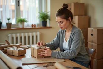 Femme travaillant à domicile sur un emballage de colis en carton kraft sur une table de cuisine en bois