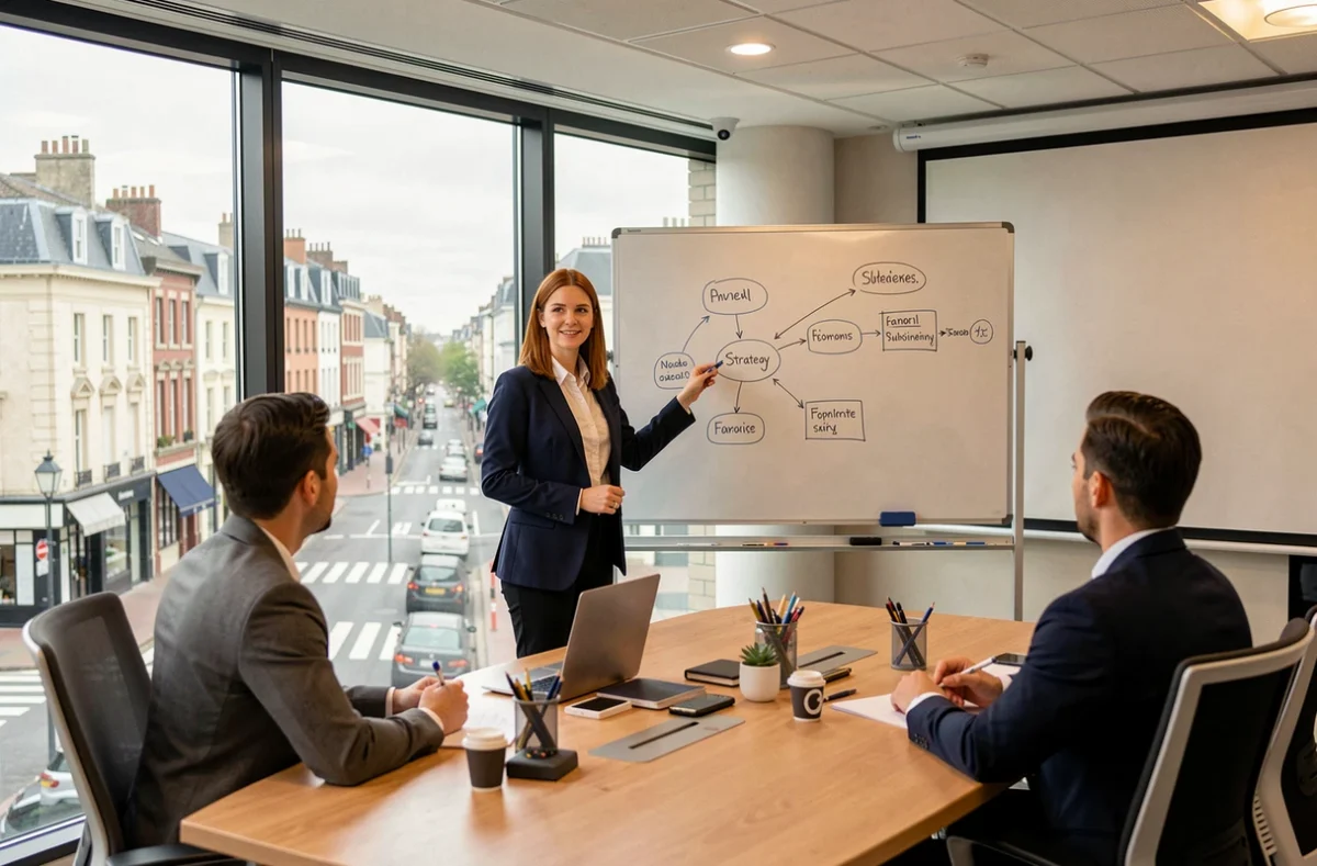 Designer de l'agence Triaina présentant une stratégie digitale à des collègues dans une salle de réunion moderne