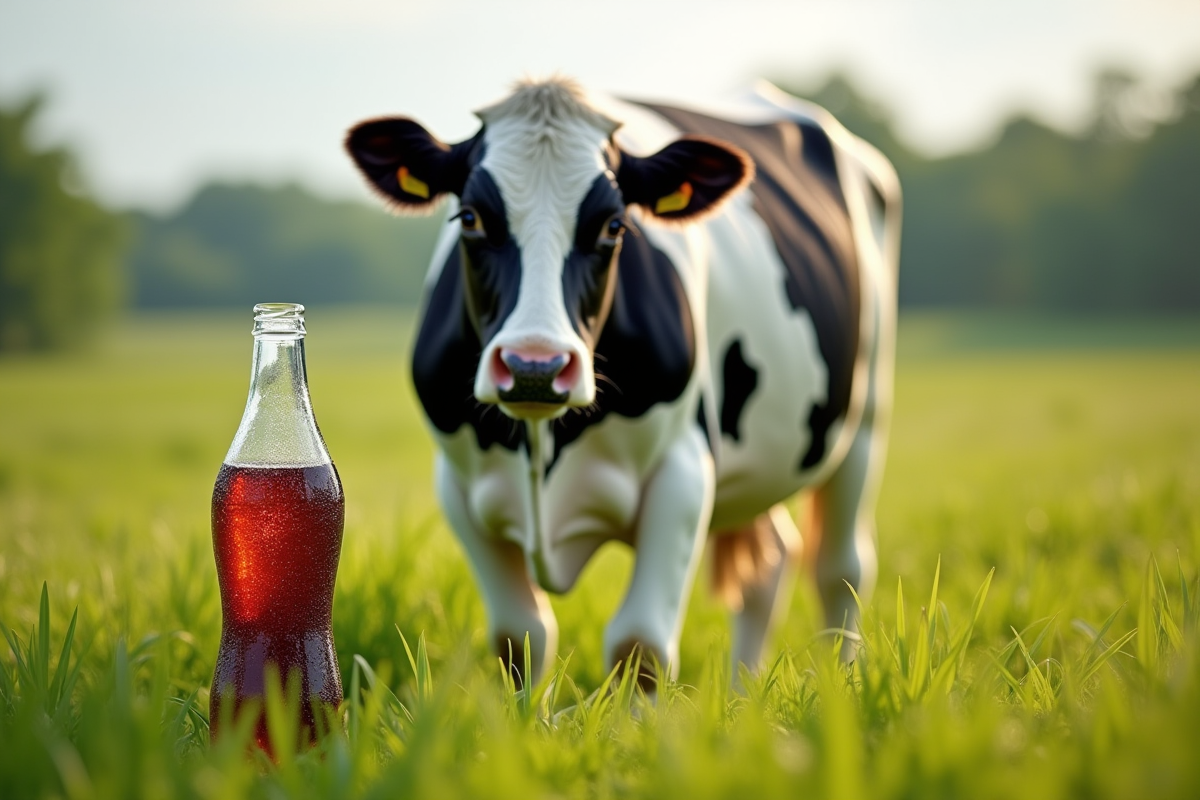 Vache holstein dans un champ vert ensoleille avec une bouteille de cola