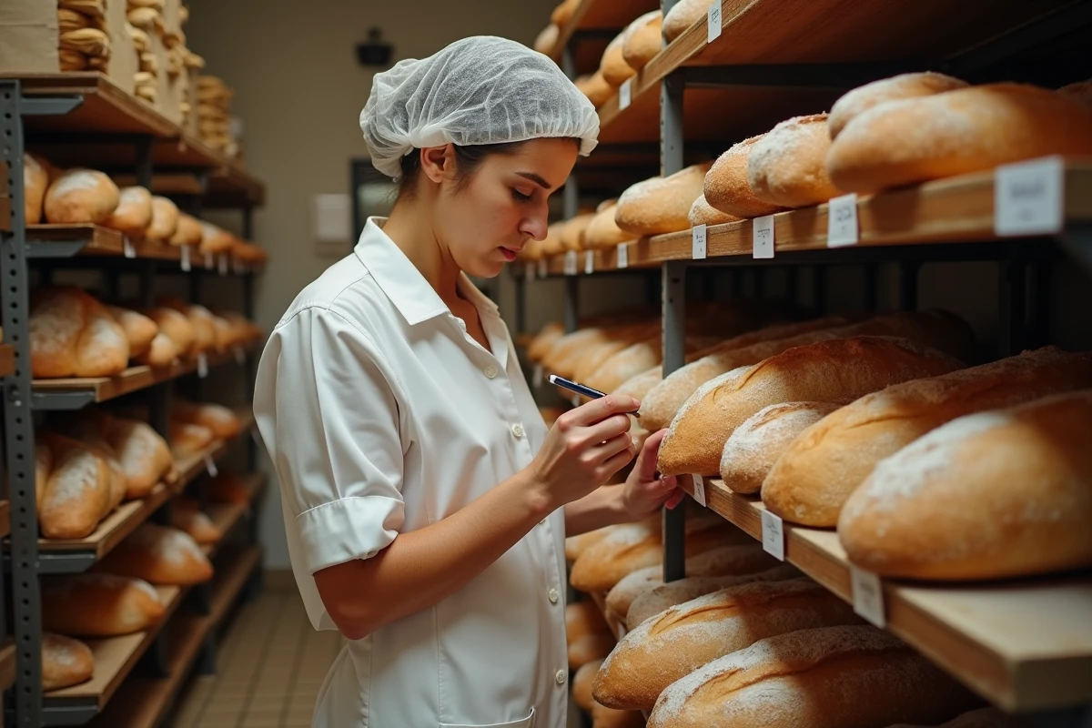 Vendeuse de boulangerie en uniforme blanc étiquetant des pains sur des étagères en bois dans l'arrière-boutique