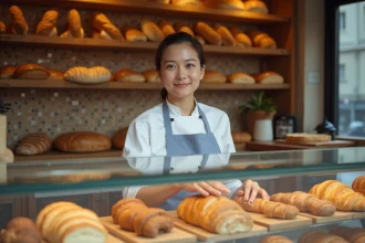 Vendeuse en boulangerie parisienne en tablier bleu derrière un comptoir vitré rempli de croissants et de baguettes