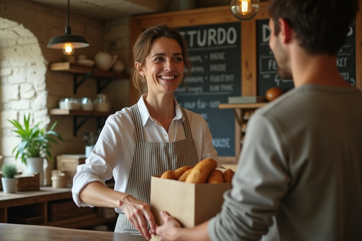 Vendeuse en boulangerie de province tendant un sac de pain à un client dans une boutique aux murs en pierre