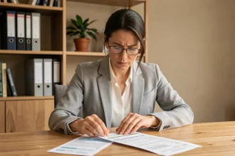 Femme examinant des documents de fiche de paie et cotisations Urssaf à son bureau à domicile