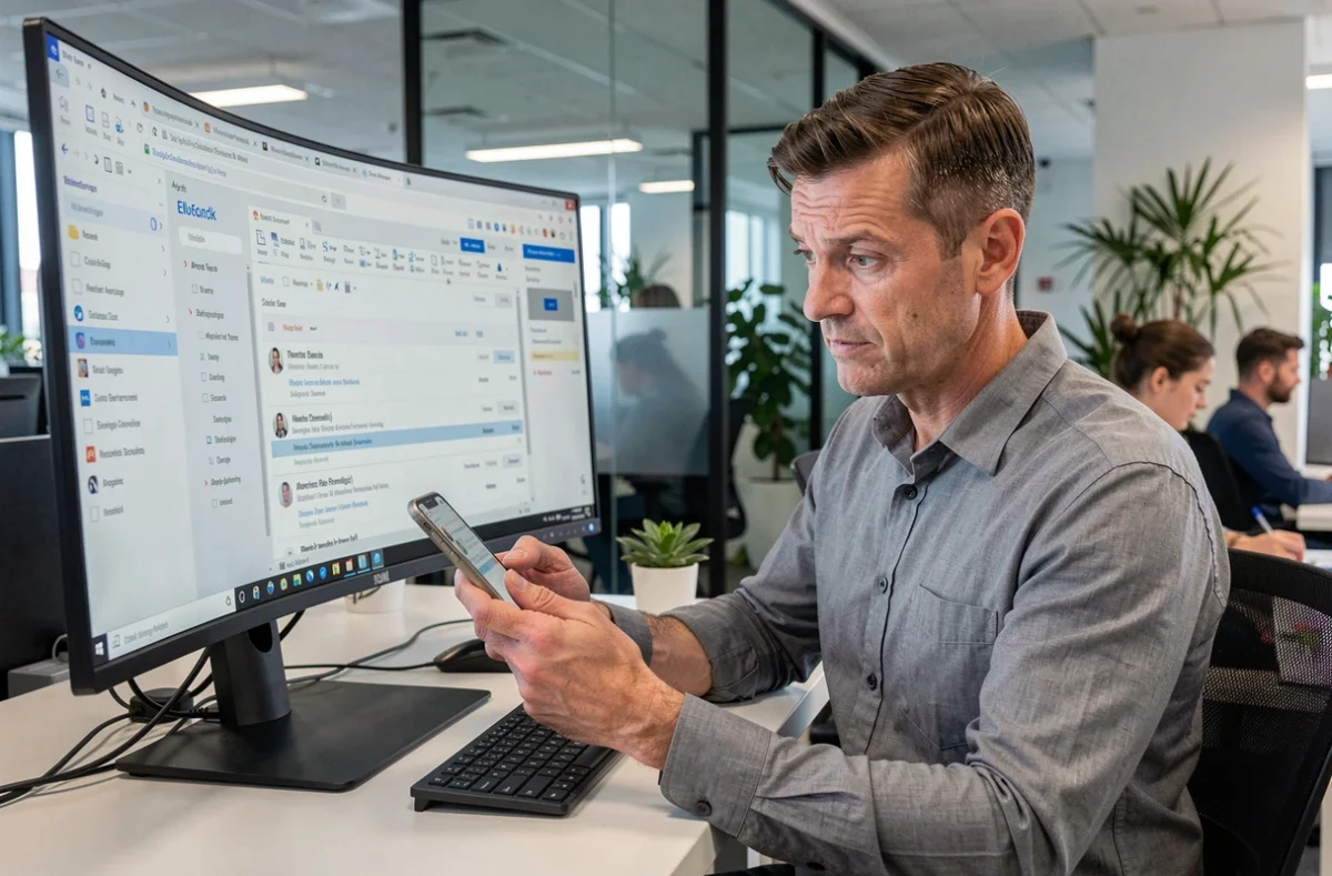 Homme d'affaires comparant un email suspect sur smartphone et ordinateur de bureau dans un open space professionnel