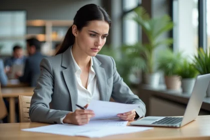 Femme en blazer gris vérifiant attentivement ses heures de travail sur une fiche de pointage dans un bureau moderne