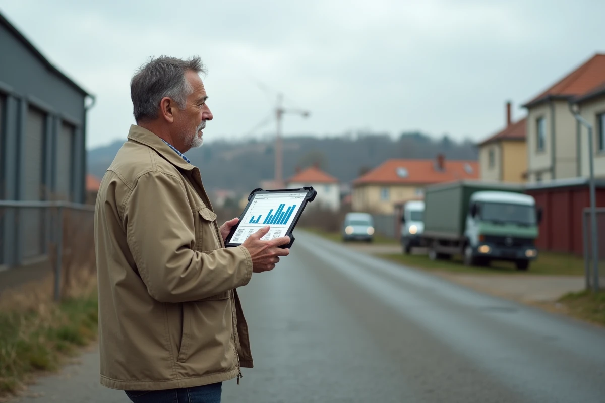 Professionnel consultant des indicateurs économiques sur tablette lors d'une visite terrain dans une zone périurbaine française