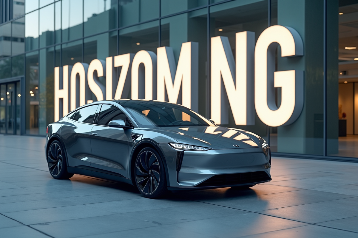 Voiture électrique moderne en ville avec slogan reflété